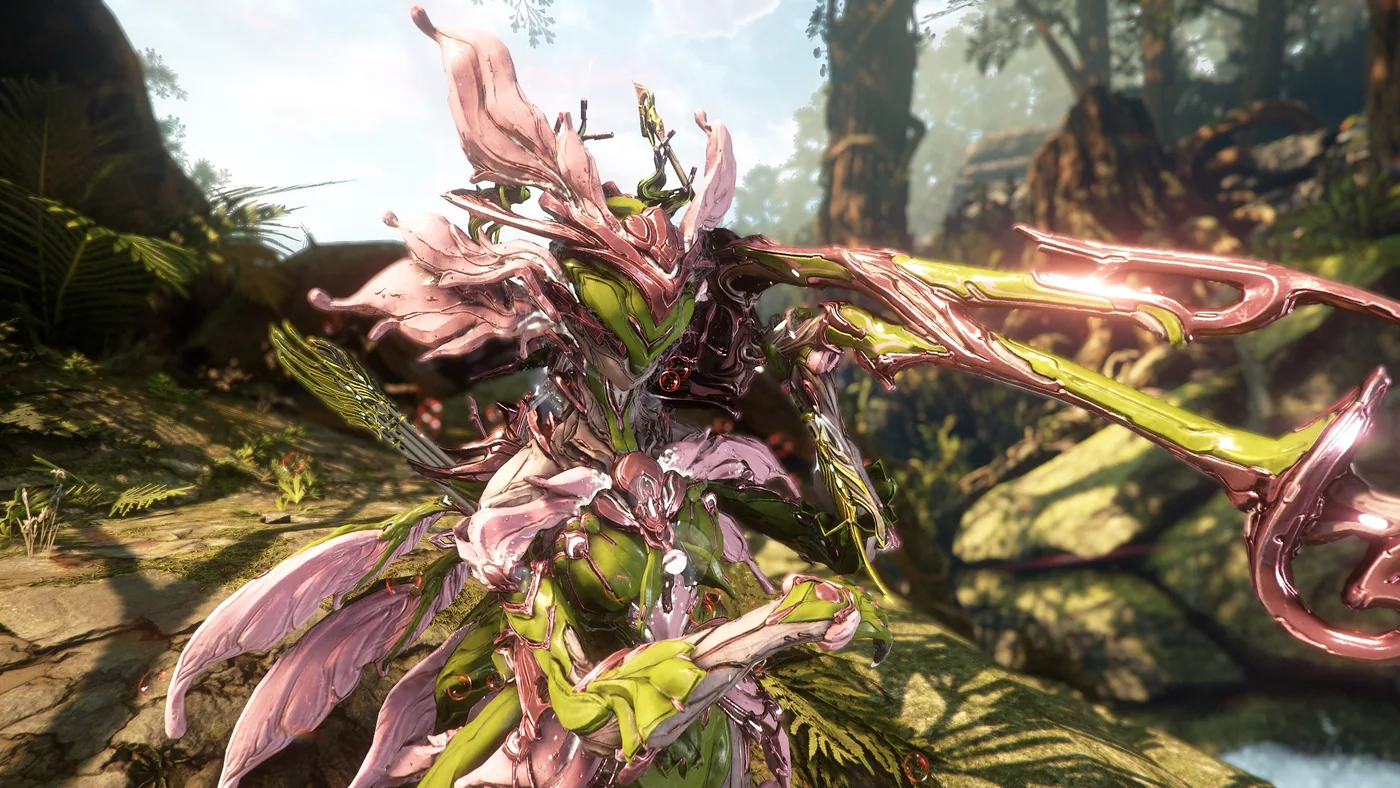 Yareli Prime in pink and green posed in a sunlit forest Captura scene