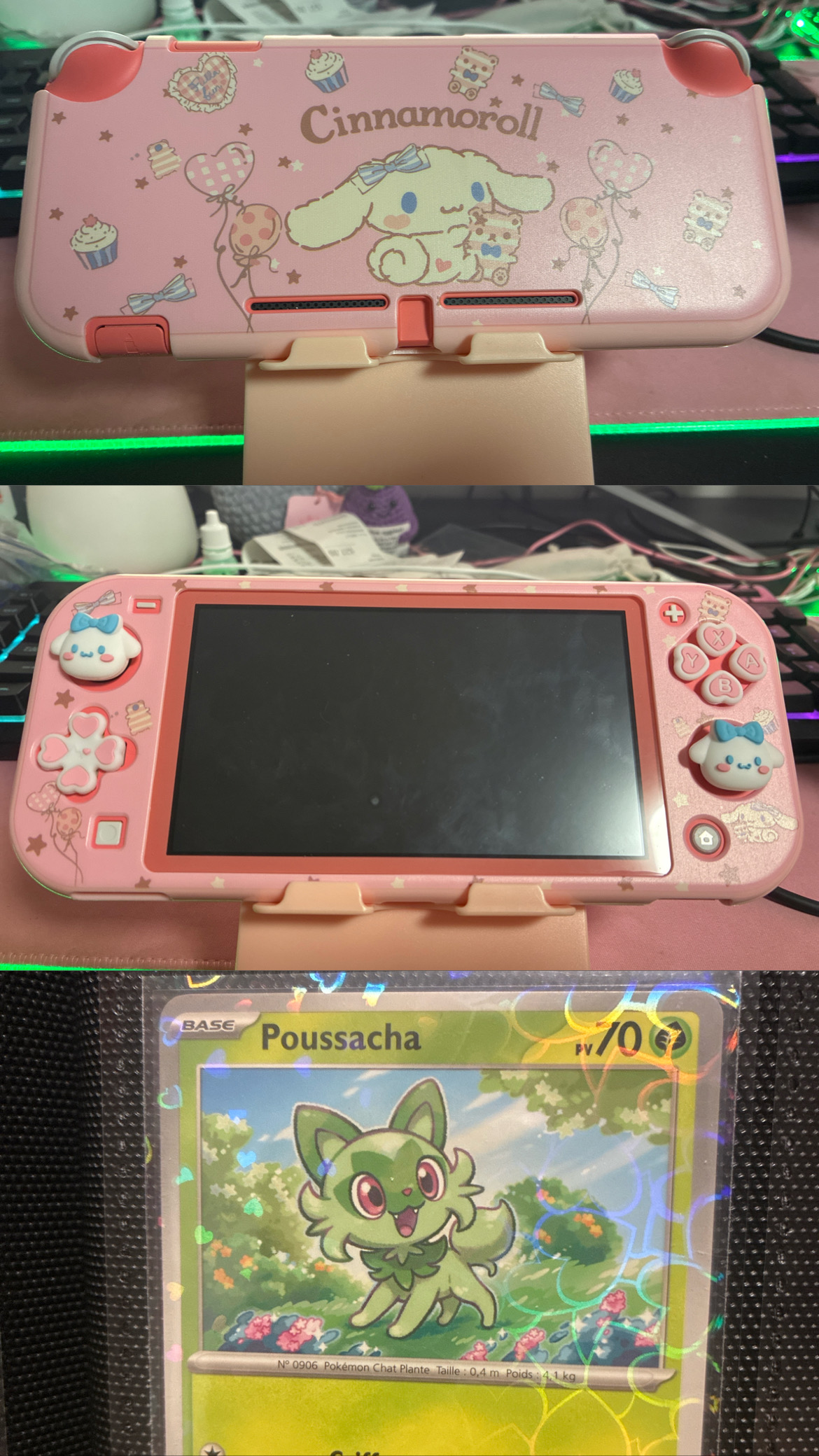 French Sprigatito card below a decorated pink Switch Lite