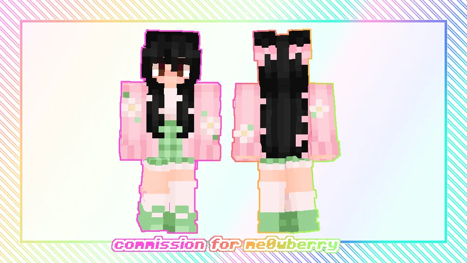 front and back views of me0wberry's pink and green Minecraft skin