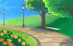 National Park during the day in Pokémon HeartGold and SoulSilver, with a path, flowers, trees, and a bench