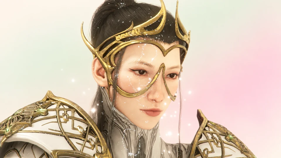 Gold-and-white Drifter portrait against a soft pink, green, and cream background
